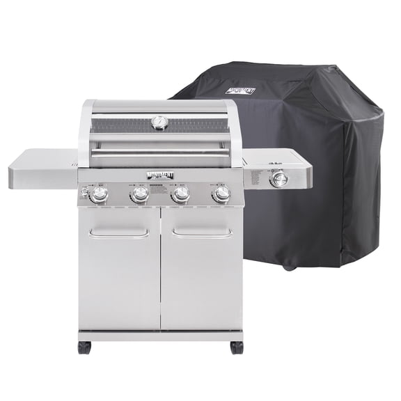 Monument Grills 4-Burner Natural Gas Grill in Stainless with Clear View Lid, LED Controls, Grill Cover, and Side Burner