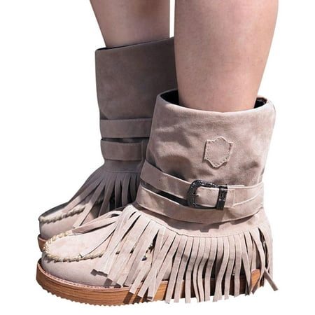 

Rome Style Women Ethnic Boots Suede Tassel Fringe Pleated Short Boot Flat Cozy Shoes 39