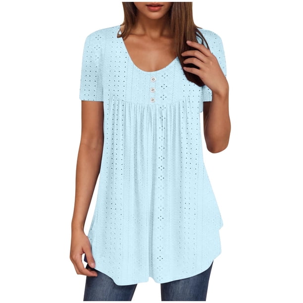 Camisetas Casuales de Mujer Cuello Redondo de Color Sólido con Diseño de Manga de Botón Ahuecado, Camiseta de Verano Ligera para Uso Diario