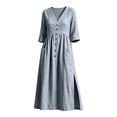 thumbnail image 4 of LEKWK Linen Dress Women 3/4 Sleeve V Neck Button Front Maxi Dress Loose Flowy Side Slit Pleated Sundress with Pockets Summer Beach Vacation Boho Outfit, 4 of 6