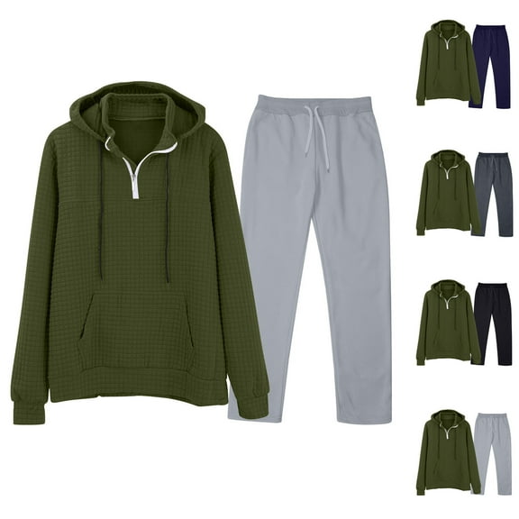 safuny Mens Sweatsuits 2 Piece Set Big Tall Sweatsuits Jogging Suits Hoodie Sweatpants Set Workout Set Pockets Outfits Quarter Zipper Spring Waffle Tracksuits Cotton Black L