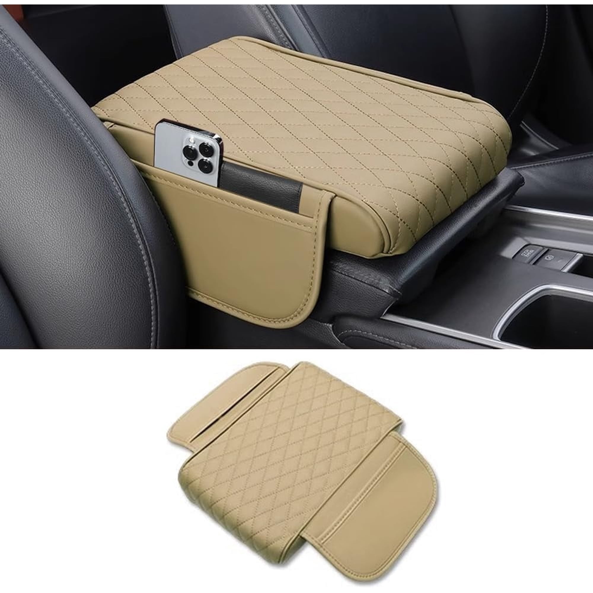 Car Center Console Armrest Cover, Leather Car Center Console Cover Cushion with 2 Storage Bags, Universal Center Console Pad Thickened Memory Foam Car Armrest Lids Storage Box (Red)