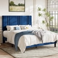 thumbnail image 3 of Full Size Blue Velvet Upholstered Platform Bed Frame with Adjustable Vertical Channel Headboard, Wooden Slats, No Box Spring Needed, 3 of 7