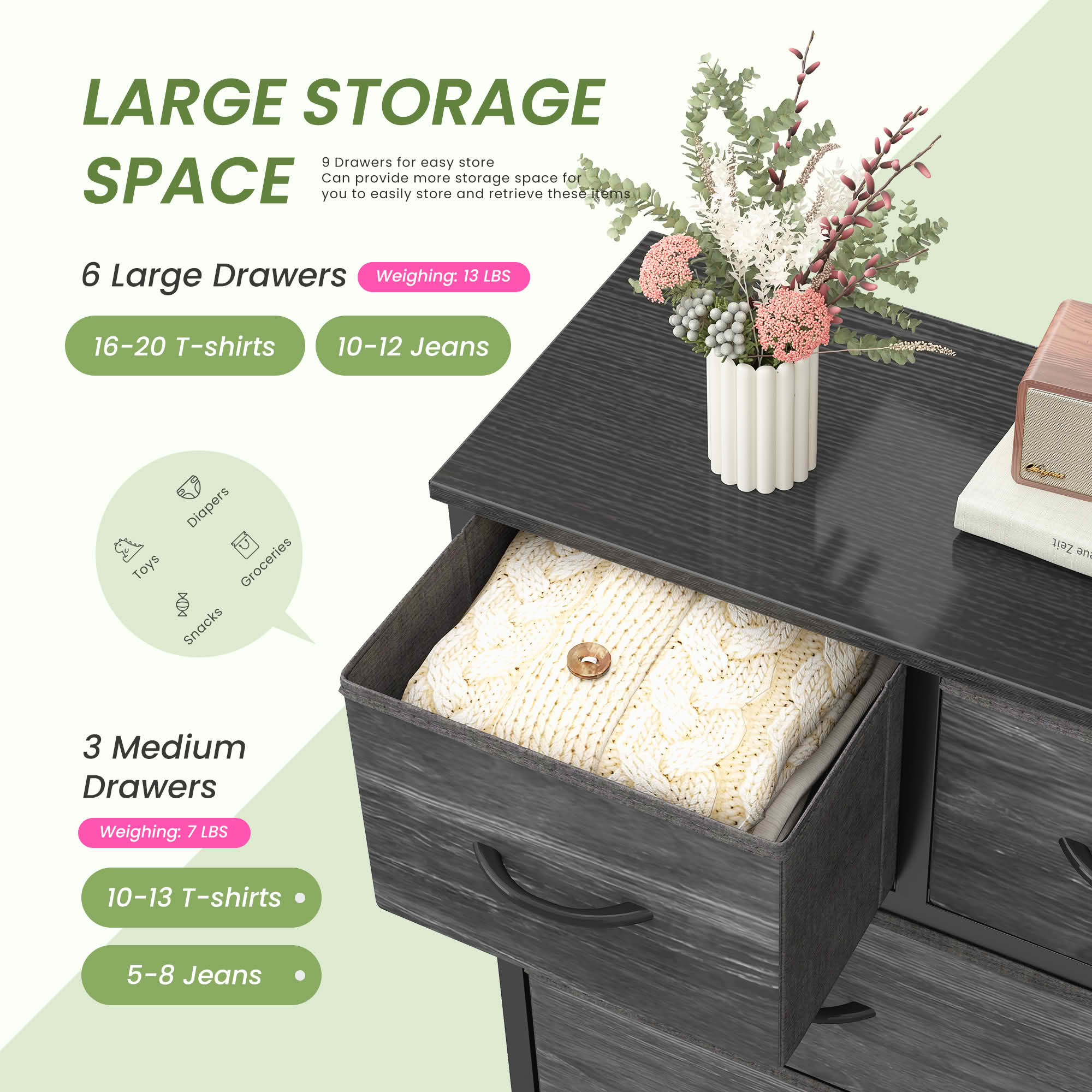 MAYEERTY Tall Fabric Storage Dresser Tower with Wooden Top, Multi Drawer Organizer Cabinet for Nursery Kid Room Closet Entryway