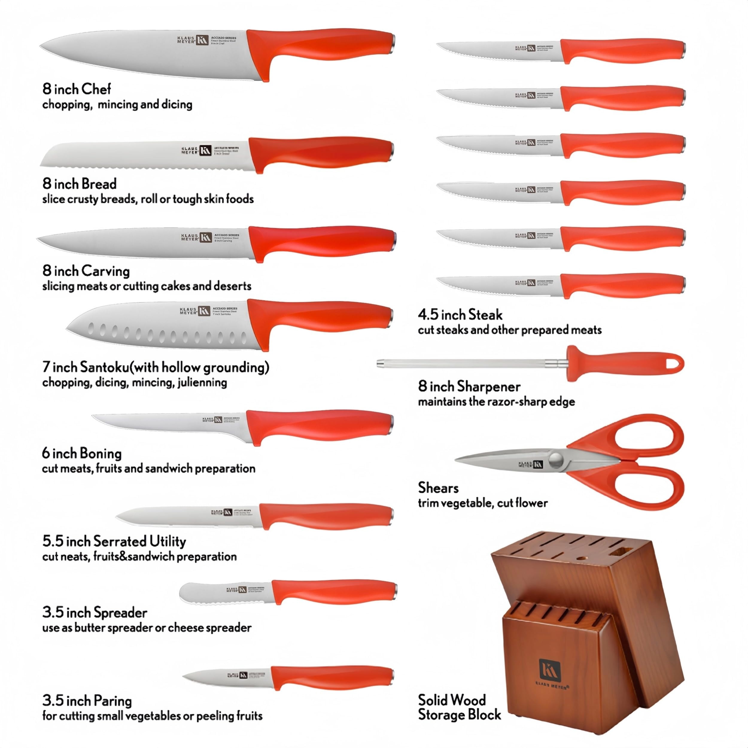 Klaus Meyer Acciaio High Carbon Stainless Steel 17 Piece Kitchen Knife Block Set (Red)