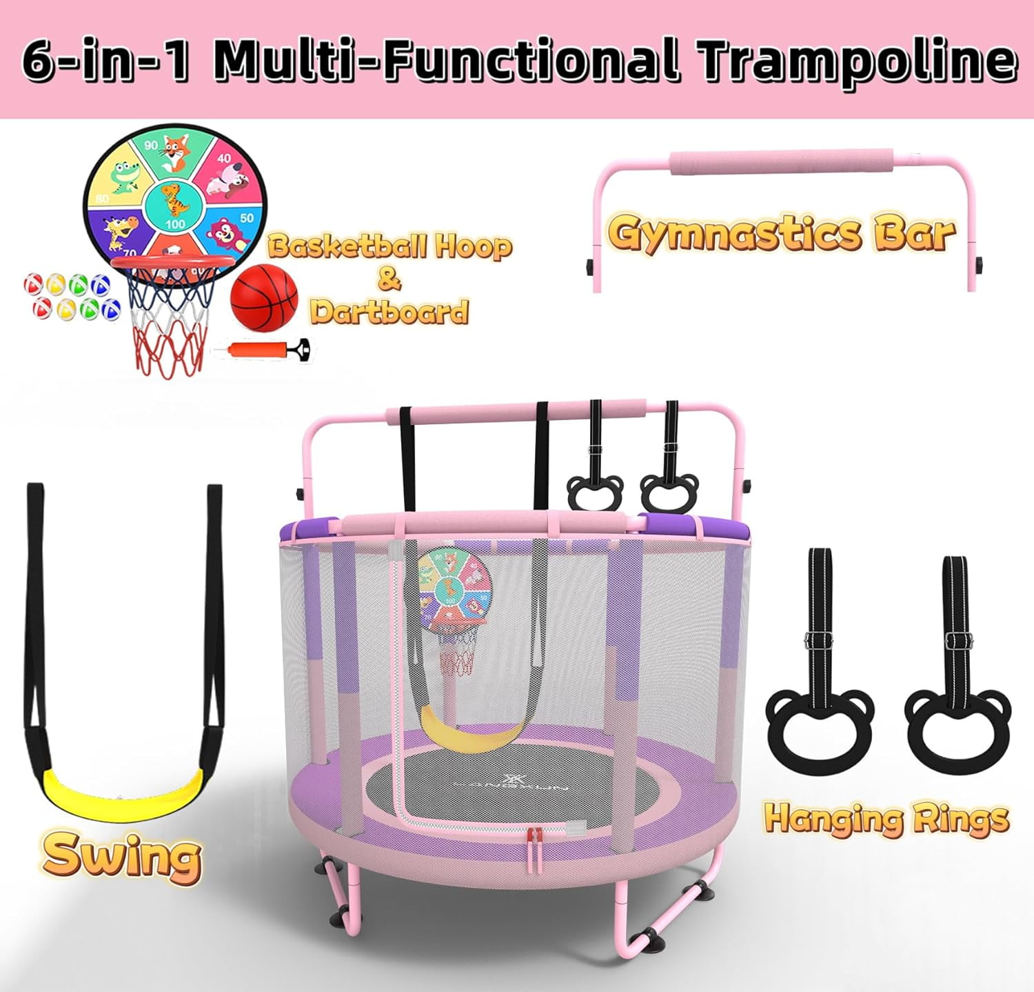 LANGXUN 60 Inch 5ft Kids Trampoline, 6-in-1 Toddler Mini Bouncer with Swing, Basketball Hoop, Dart Board & Rings, Indoor Outdoor Play Set for Boys & Girls