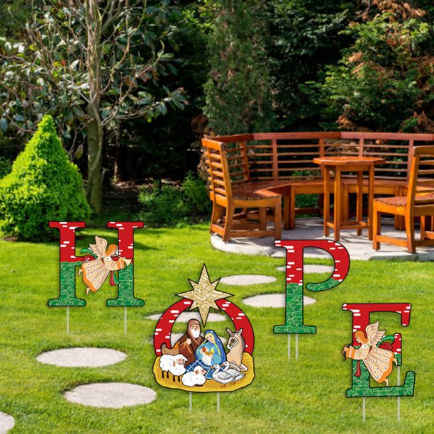 4pcs Christmas Garden Yard Sign HOPE Letter Banner with Stake Manger