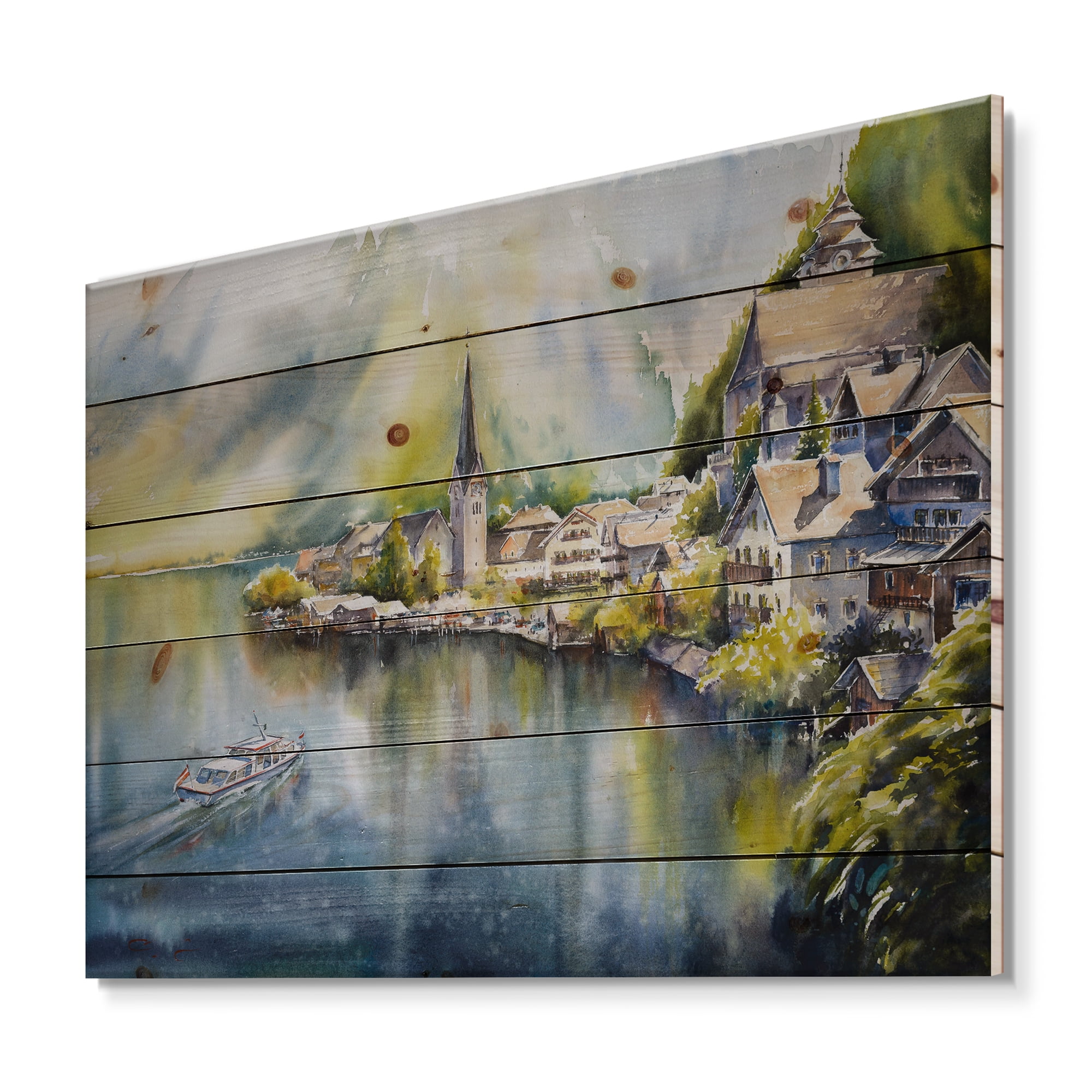 Designart 'The River In Austria Through Mountain Village' Nautical & Coastal Print on Natural Pine Wood
