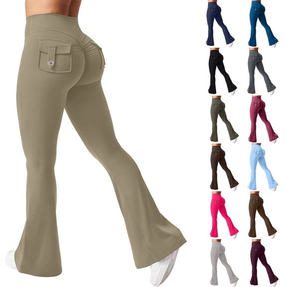 Womens Flare Leggings High Waisted Cargo Yoga Workout Leggings Scrunch Butt Lifting Legging Tummy Control Bootcut Pants Army Green 2XL