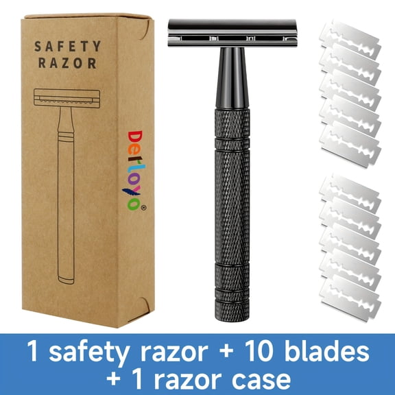 Gun Black Safety Razor, Single Blade Razors for Men & Women, with 10 Stainless Steel Double Edge Blades, Reusable Metal Razor, 1 Blade Razor, Smooth and Close Shave