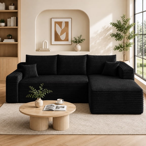 VEPXXP 96" Oversized Boneless L-Shaped Cloud Sectional Sofa, Plush Corduroy Deep Seat Modular Couch for Living Room, No Assembly, Black