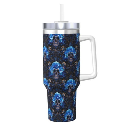 

Goofa cool blue flower Skull Print 40oz Ice Bully With Handle And Straw Stainless Steel Vacuum Insulated Cup And 2 In 1 Straw Lid