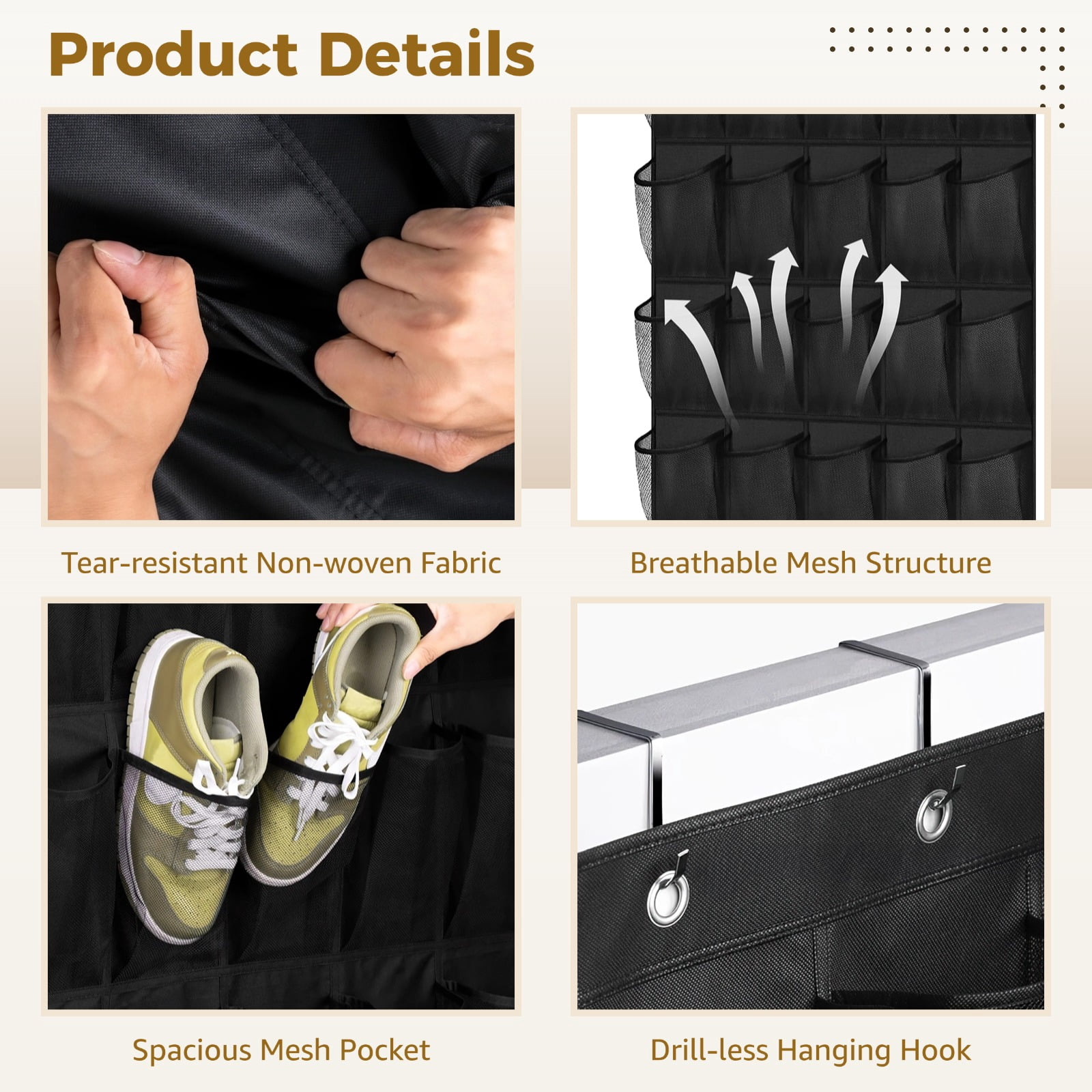 3 Pcs Over the Door Shoe Organizers, 35 Pockets Large Hanging Storage Bags, Space-saving Non-Woven Mesh Shoe Racks, Hanging Storage Holders for Shoes, Boots, 27.5×65", Fits Standard Doors