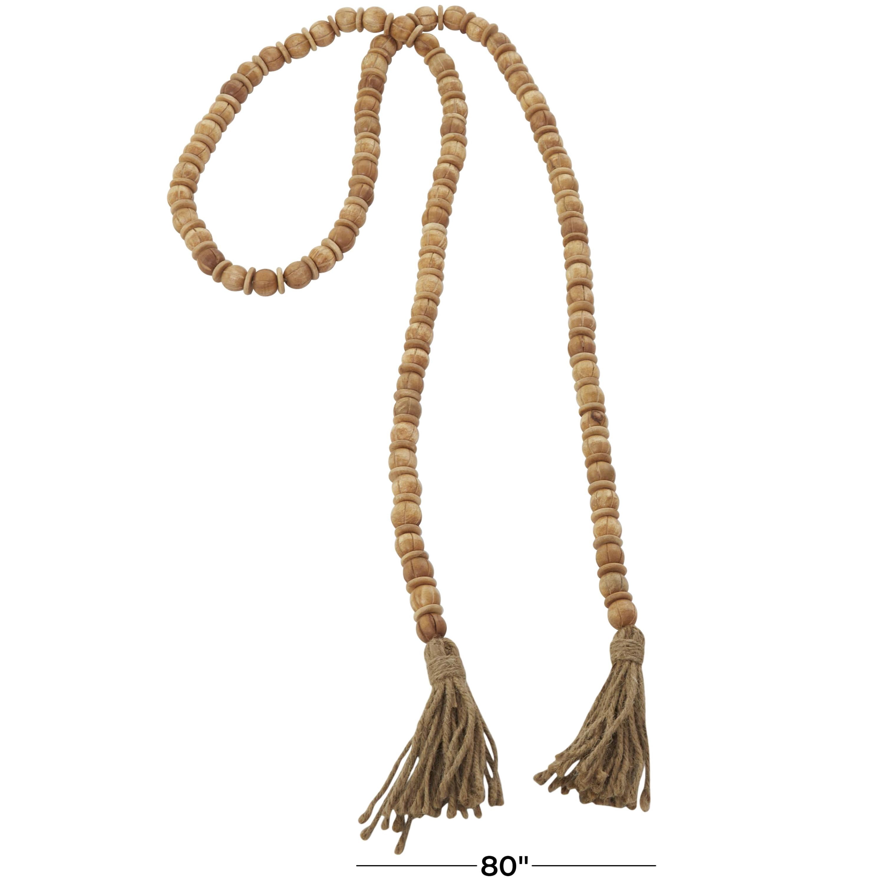 DecMode Handmade Round Long Carved Beaded Brown Mango Wood Garland with Tassel