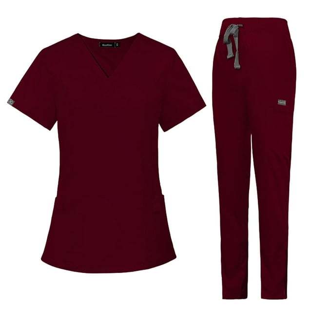 Uniforme de enfermería Doctor transpirable Cómodo Mujeres Scrub Set Top Jogger Pants Rojo oscuro S