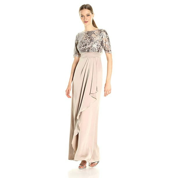 Adrianna Papell Women's Dress Floral Sequin Embroider Drape Gown, Light  Mink, 2