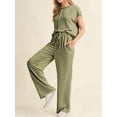thumbnail image 6 of Women'S Two-Piece Casual Ribbed Knit Short-Sleeved Top, Wide-Leg Pants, Home Wear, Travel Sportswear Army Green M, 6 of 9