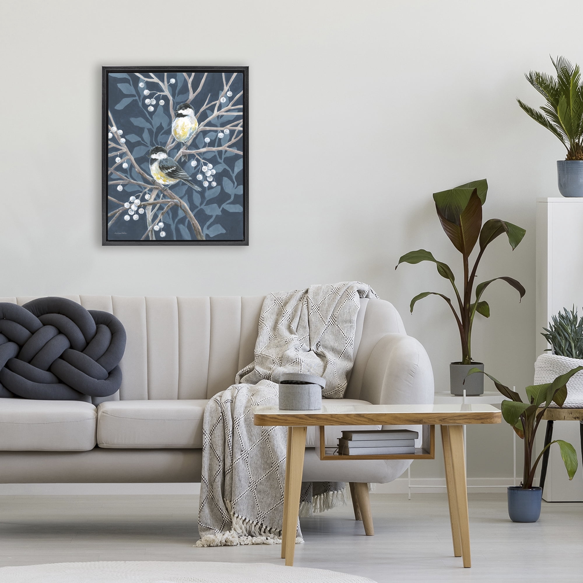 Stupell Industries Chickadees on Winter Berries Black Framed Floater Canvas Wall Art, design by Diane Kater