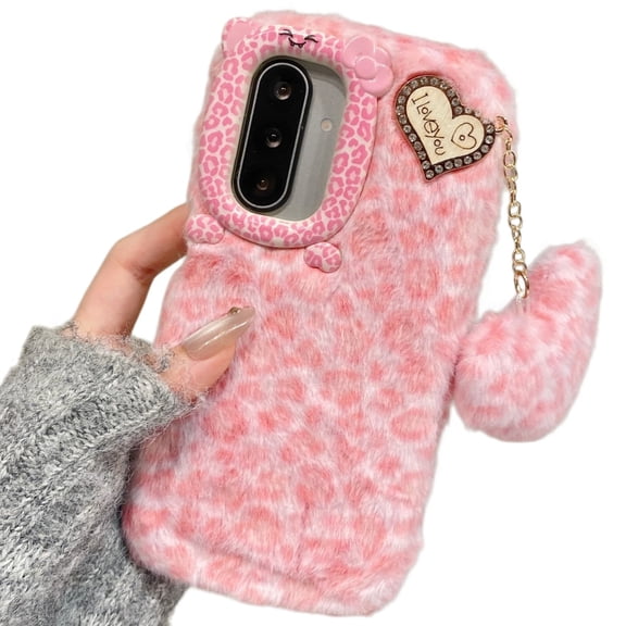 for Samsung Galaxy S23 Furry Plush Phone Case Handmade Leopard Print Camouflage with Soft Love Heart Fluffy Fur Ball Pendant for Women, Cute Raised Camera Bump Protection Frame