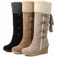 thumbnail image 5 of Fringe Snow Boots for Women Winter Faux Fur Suede Round Toe Warm Chunky Cowgirl Knee High Booties Outdoor Mid Calf Riding Boot, 5 of 6