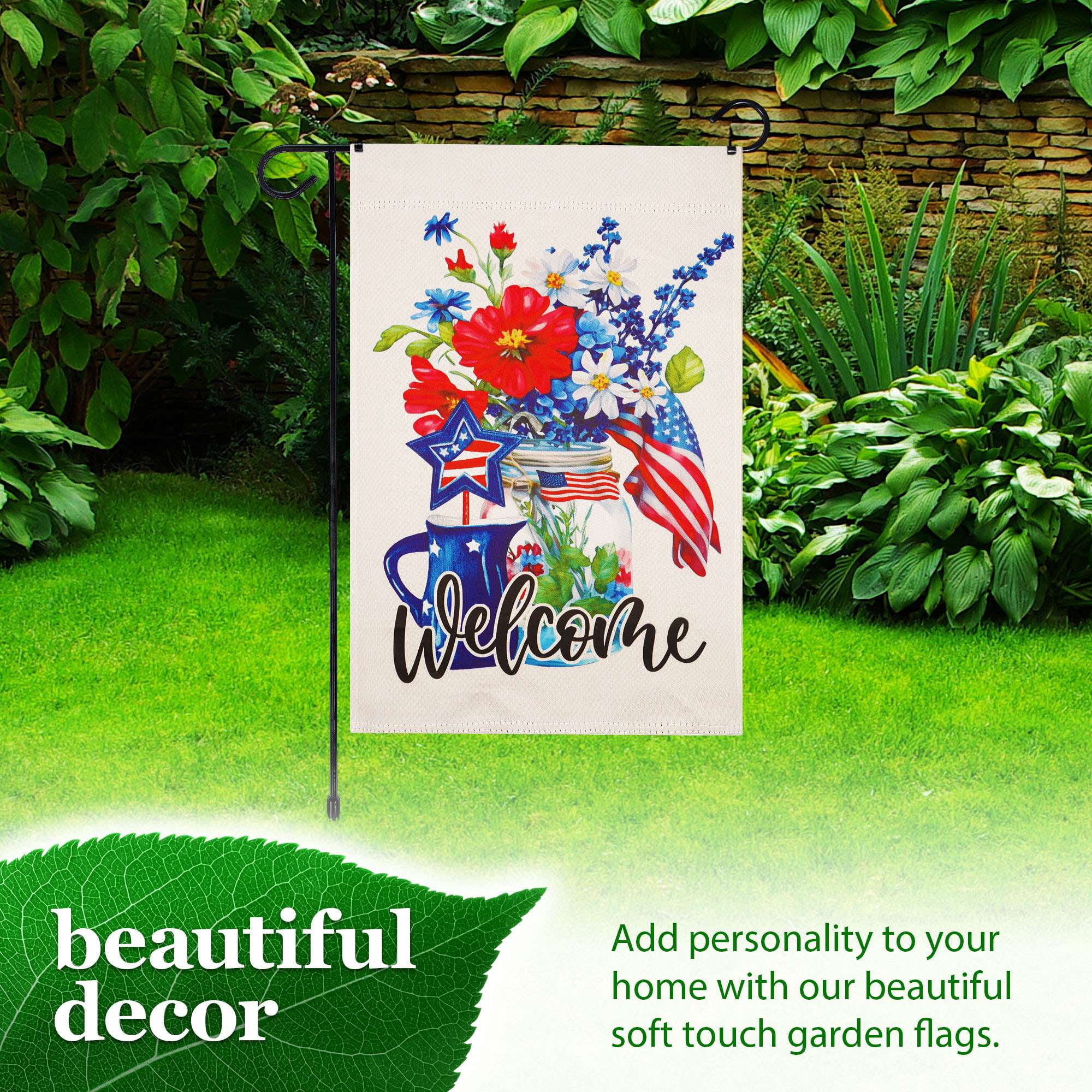 G128 Combo Pack Garden Flag Stand Black 36x16IN & Garden Flag Welcome Patriotic Mason Jar Printed 12x18IN Double Sided Yard Garden Lawn Decoration