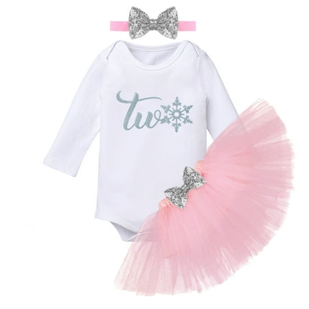 

FYMNSI Baby Girl 2nd Second Birthday Outfit Snowflake Two Years Old Party Cake Smash Clothes Cotton Long Sleeve Romper Princess Tutu Skirt Sequin Bowknot Headband 3pcs Set 1 Year Pink Silver Two