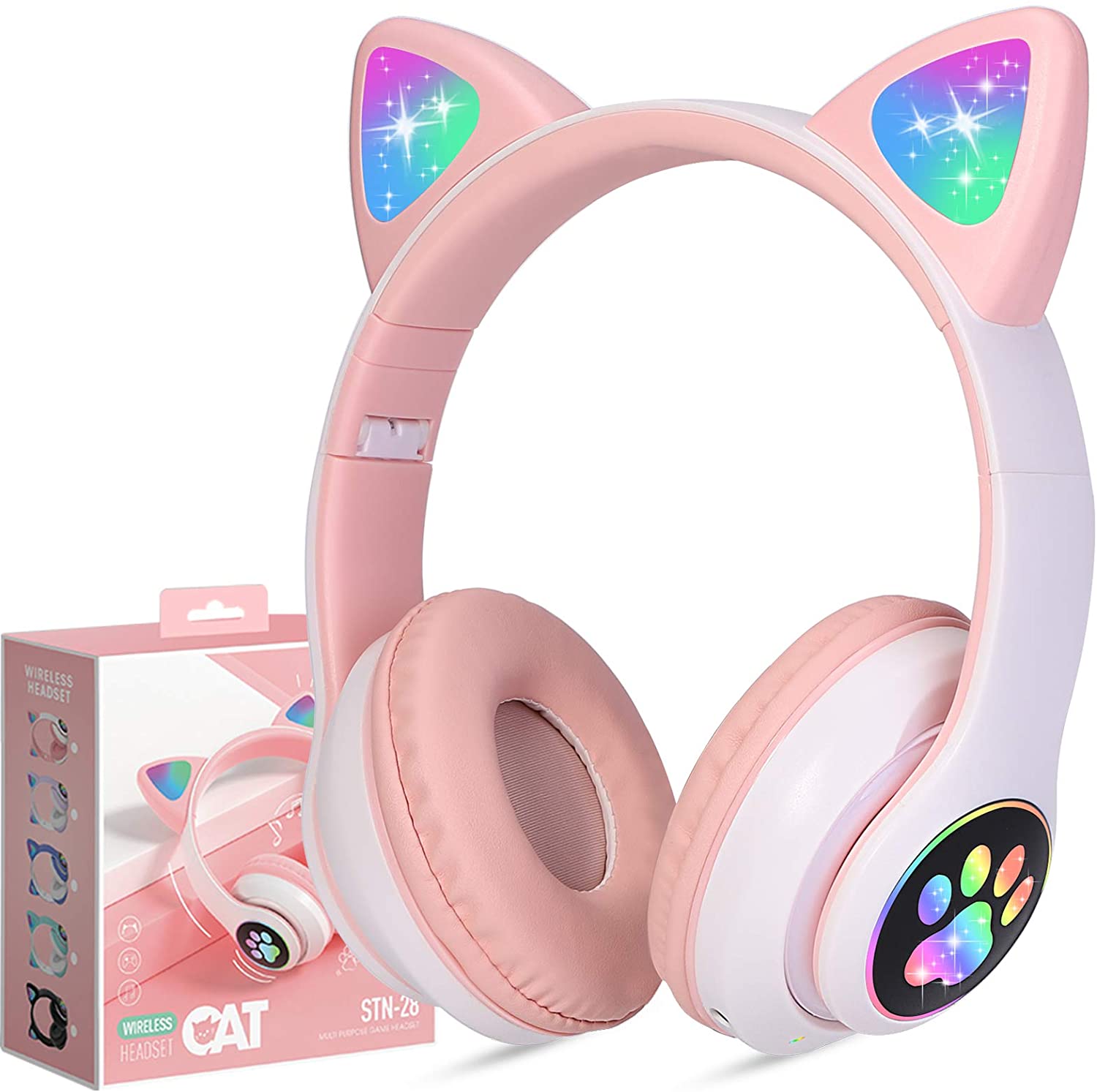 Soapow Kids Cat Headphones for Girls Boys, Kids Bluetooth Headphones with Microphone and LED Lights, Foldable Wireless Headset for Teens Toddlers, Pink
