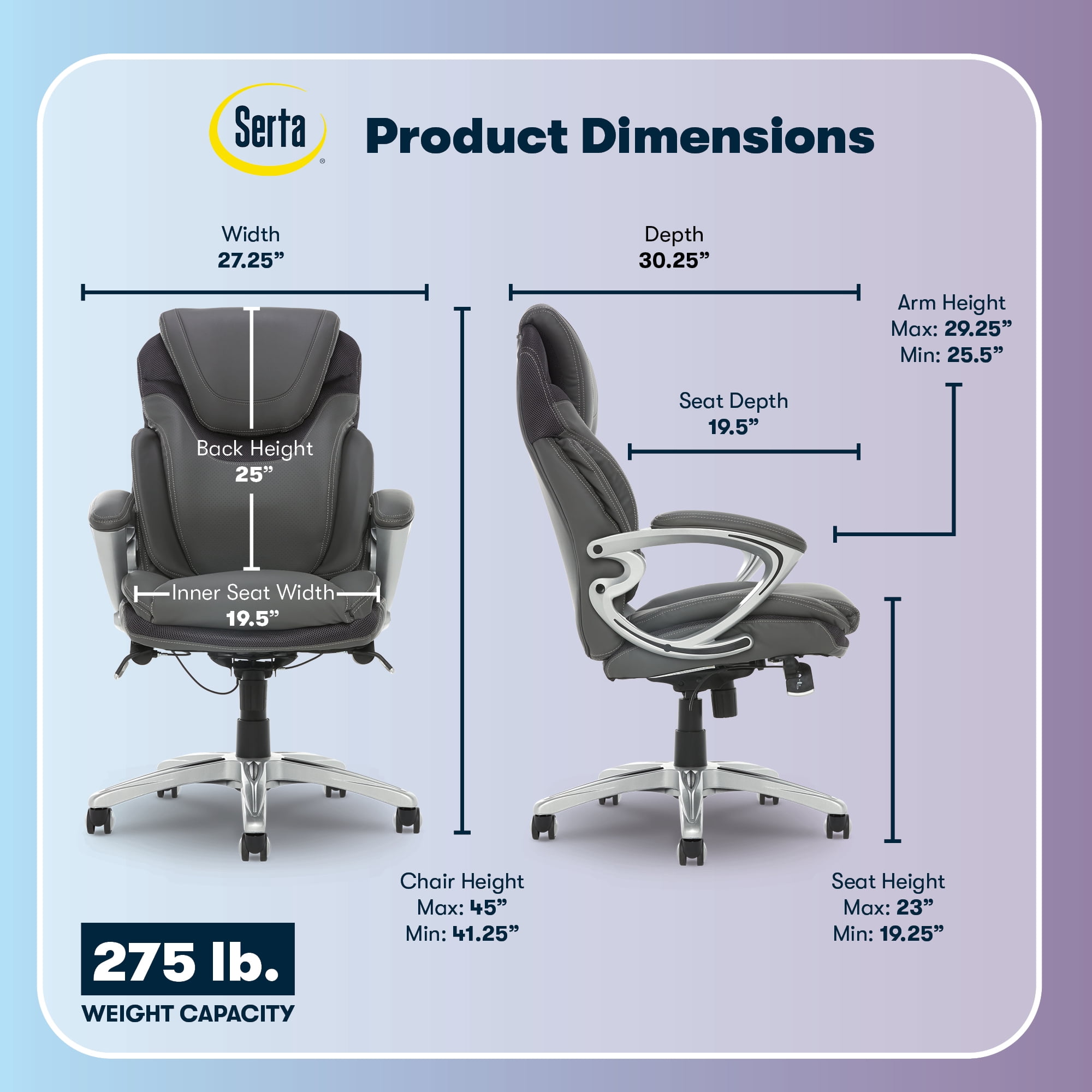Serta Bryce Executive Office Chair, Ergonomic Computer Desk Chair with Patented AIR Lumbar Technology - Adjustable Height, Memory Foam Body Pillows, 360° Swivel Rolling Base, Bonded Leather, Gray