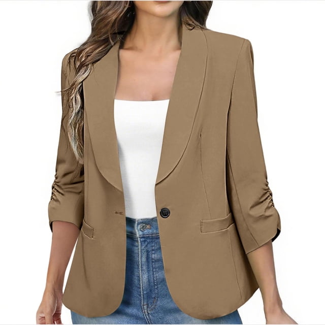Blazer Froncé pour Femme 2025 - Manches 3/4 Coupe Ajustée, Épaule Rembourrée, Veston de Style Professionnel Décontracté