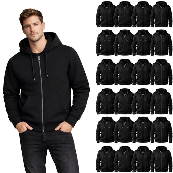 BILLIONHATS 24 Pack Wholesale Full Zip Hoodies ASSORTED MIXED SIZES, Bulk Cotton Fleece Zippered Sweatshirts for Men & Women, Shelter Donation, Shelters, Hoodie Case Black Color