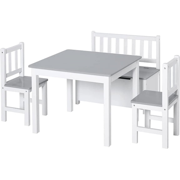4-Piece Kids Table Set with 2 Wooden Chairs, 1 Storage Bench, and Interesting Modern Design, Grey/White