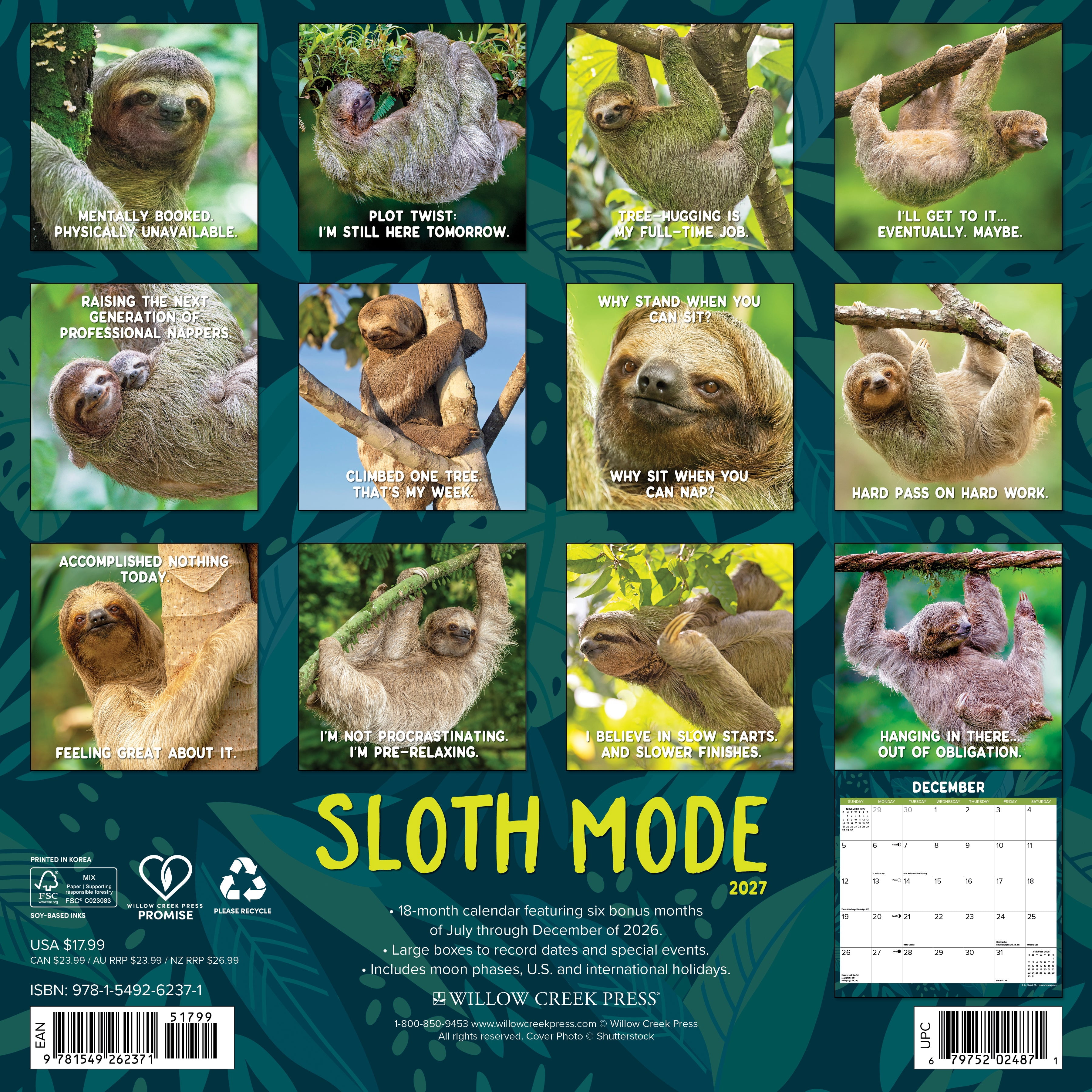 Willow Creek Press, Sloth Mode 2027 Wall Calendar