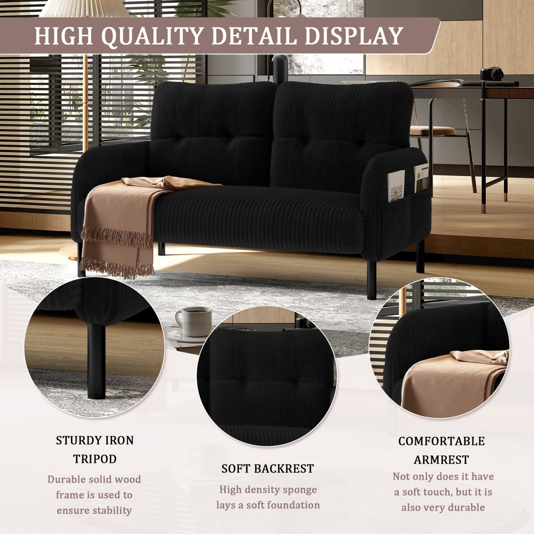Corduroy Loveseat Sofa, Modern Upholstered Double Sofa Couch with Side Pockets for Living Room Bedroom Apartment, Black