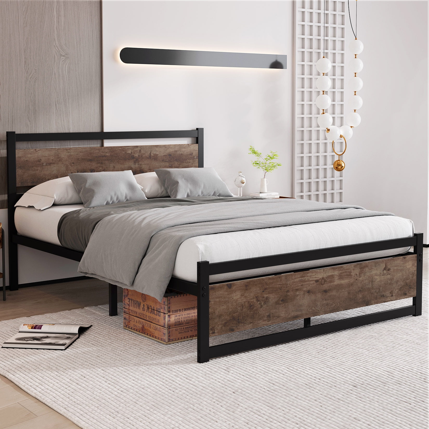 Bed Frame with Wood Headboard, Metal and Wood Platform Bed,Mattress