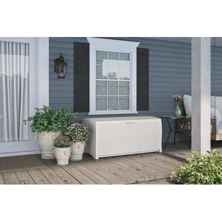 Suncast - 99 Gallon Heavy Duty Resin Wicker Horizontal Outdoor Deck Box - White