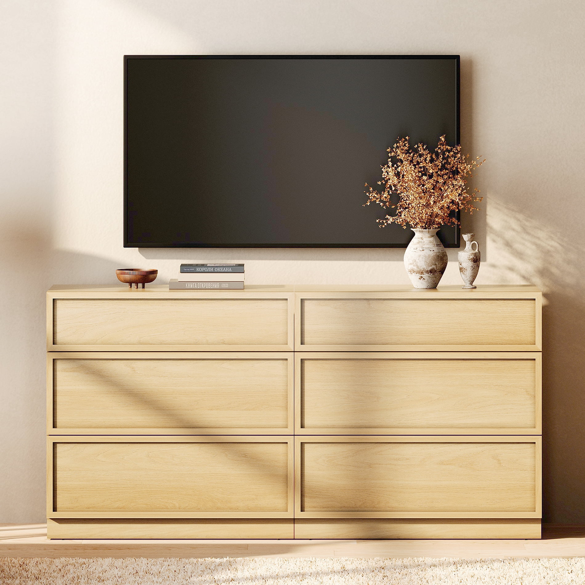 WAMPAT Modern TV Stand for TVs Up to 110", 4-in-1 Entertainment Center TV Console with 8 Doors and Adjustable Shelf, Wooden Media Console Cabinet for Living Room, Bedroom, Oak