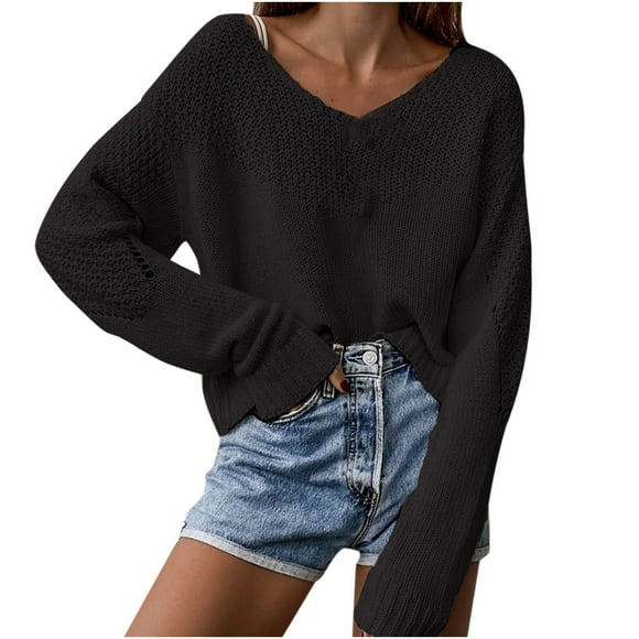 XZNGL Sexy Tops for Women Womens Hedging V-Neck Loose Solid Color Temperament Long Sleeve Strapless Sexy Knitting Tops Sweater Womens Long Sleeve Tops Strapless Tops for Women Sexy Womens Tops