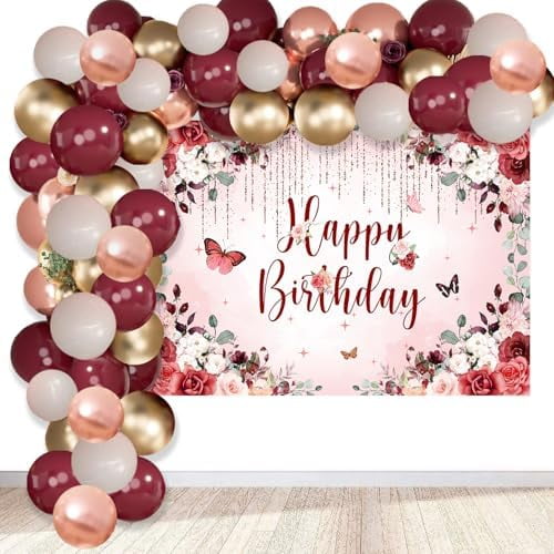 Burgundy Floral Happy Birthday Decorations Women Girls Party Supplies Including Flower Birthday Backdrop 5x3FT,50 PCS Burgundy Rose Gold Balloons Garland Arch Kit