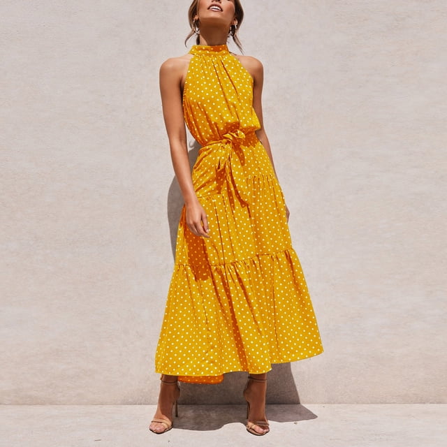 SMihono Robe Maxi Bohème d'Été pour Femmes Grande Taille Mode Été à Pois Sans Manches Imprimé Sexy Soirée Longue Robe de Plage