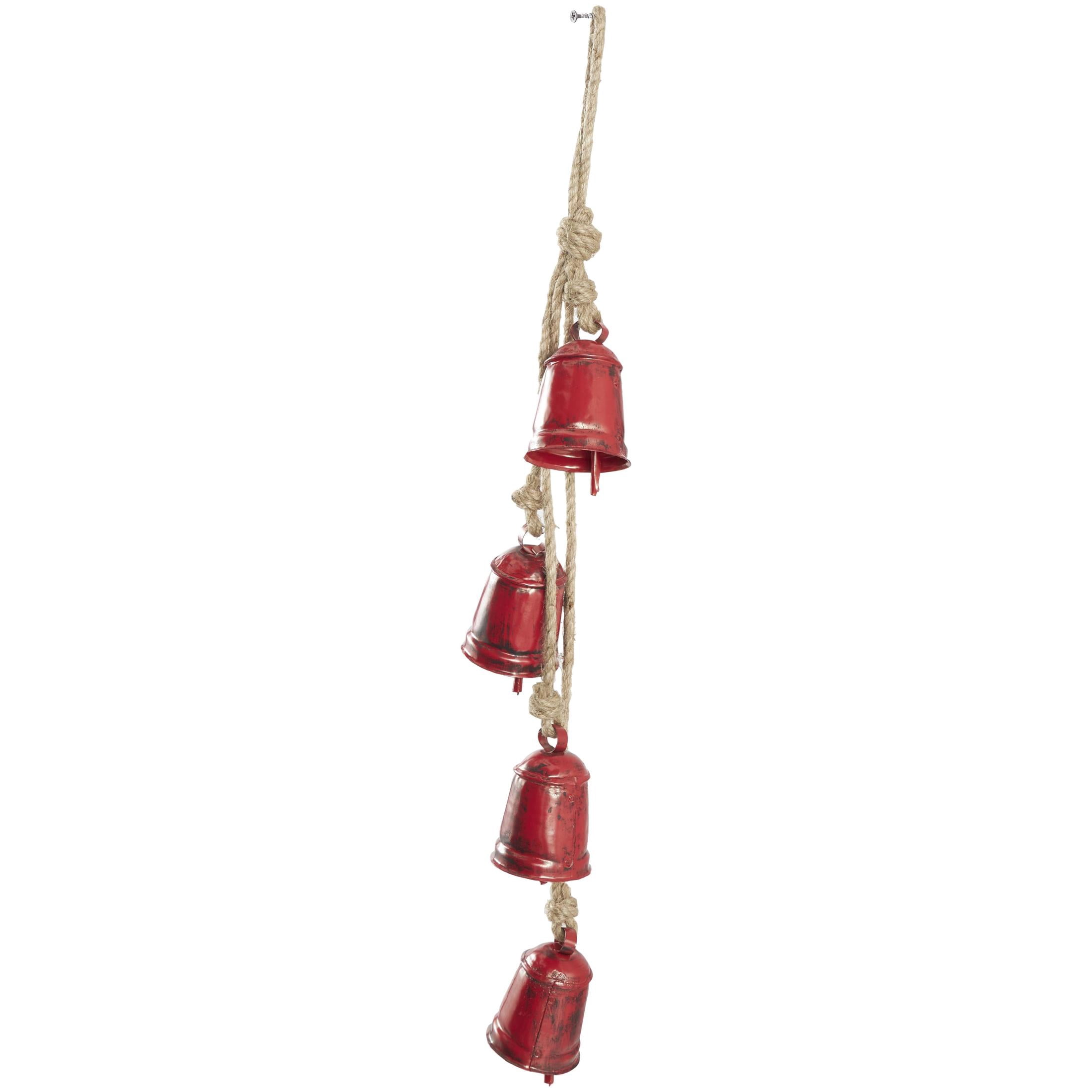 DecMode Tibetan Inspired Cascading Red Metal Cylindrical Decorative Cow Bells with 4 Bells on Jute Hanging Rope