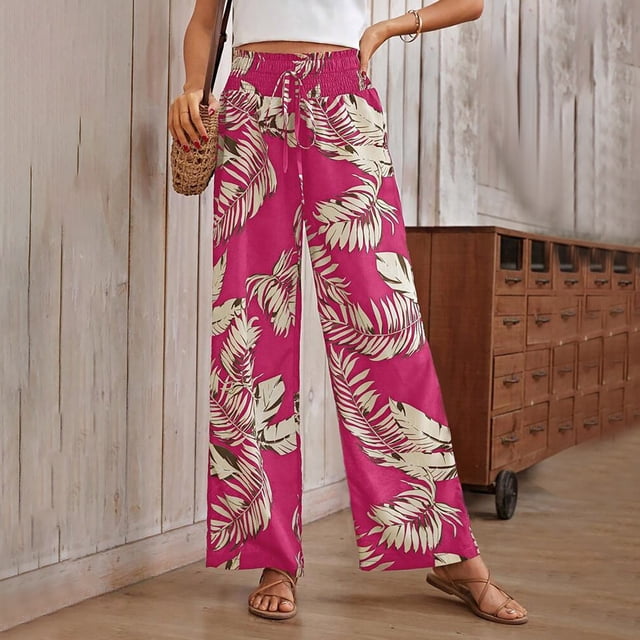 WILLBEST Pantalones Casuales para Mujer 2024, Estilo Tropical, con Cordón, Cintura Alta, Pierna Ancha, para Un Estilo Relajado y Cómodo. Grande