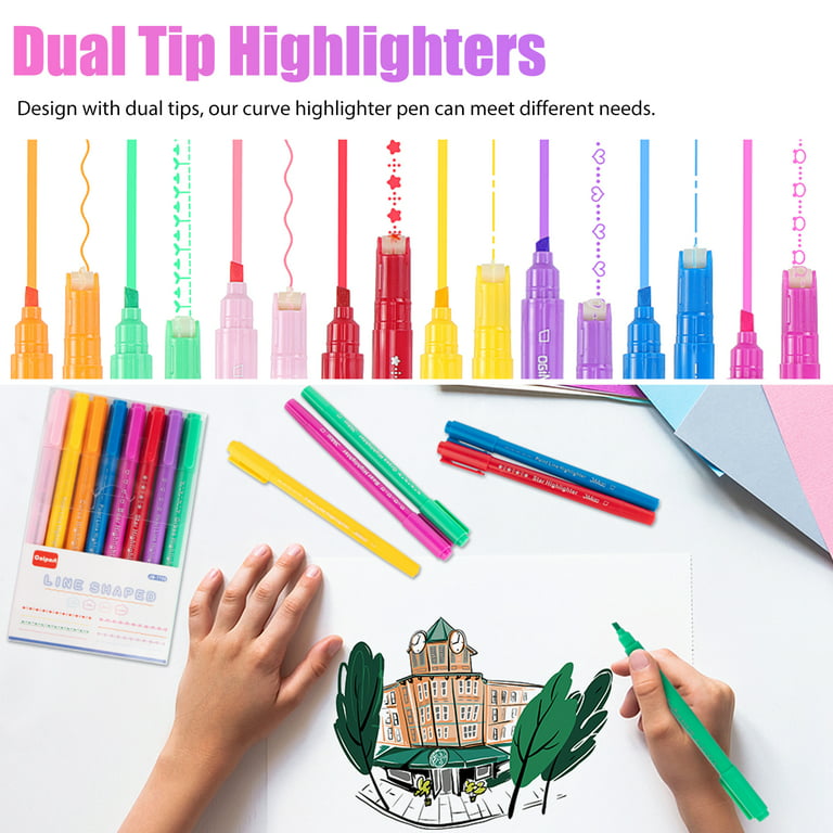 Curve Highlighter Pen Set, Dual Tip Pens with 6 Different Curve Shapes Fine  Tips