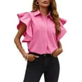 thumbnail image 3 of Women Ruffle Button Down Shirts Short Sleeve Lapel Tops Blouse, 3 of 5