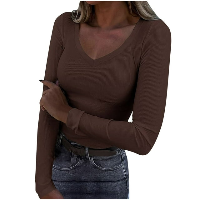 TACILIP Long Sleeve Shirts for Women Pullover Work Tops V Neck Fitted Workout Tees Going Out Fall Fashion