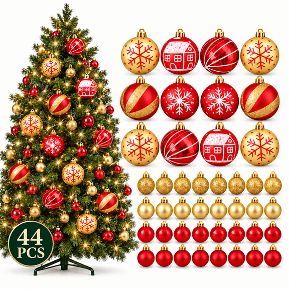 COOKEY Christmas Ball Ornaments, 44-Piece Red and Gold Shatter-Resistant Christmas Tree Decorations, 2.36-Inch & 1.38-Inch Plastic Ornaments