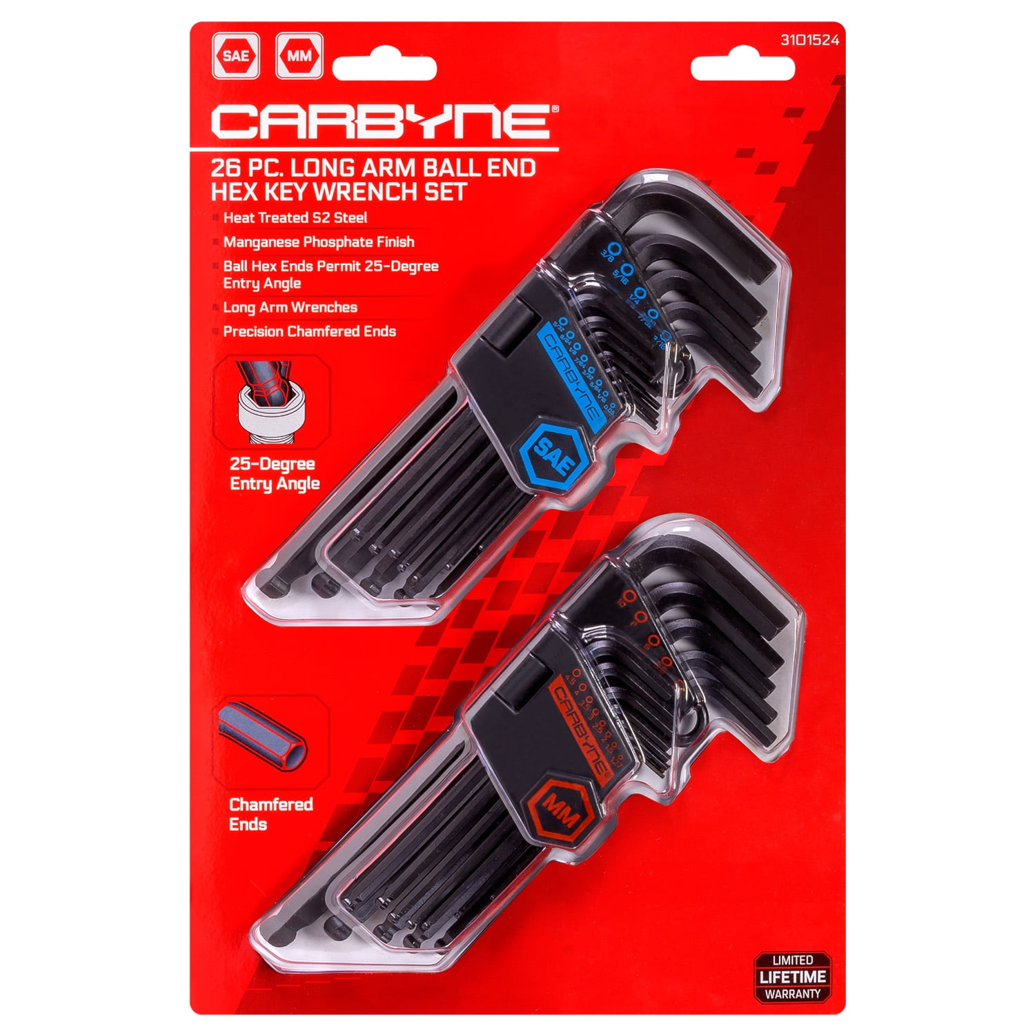 CARBYNE 26 Piece Long Arm Ball End Hex Key Wrench Set, SAE & Metric, S2 Steel, Manganese Phosphate Finish, Ball Hex Ends Permit 25-Degree Entry Angle, Precision Chamfered Ends