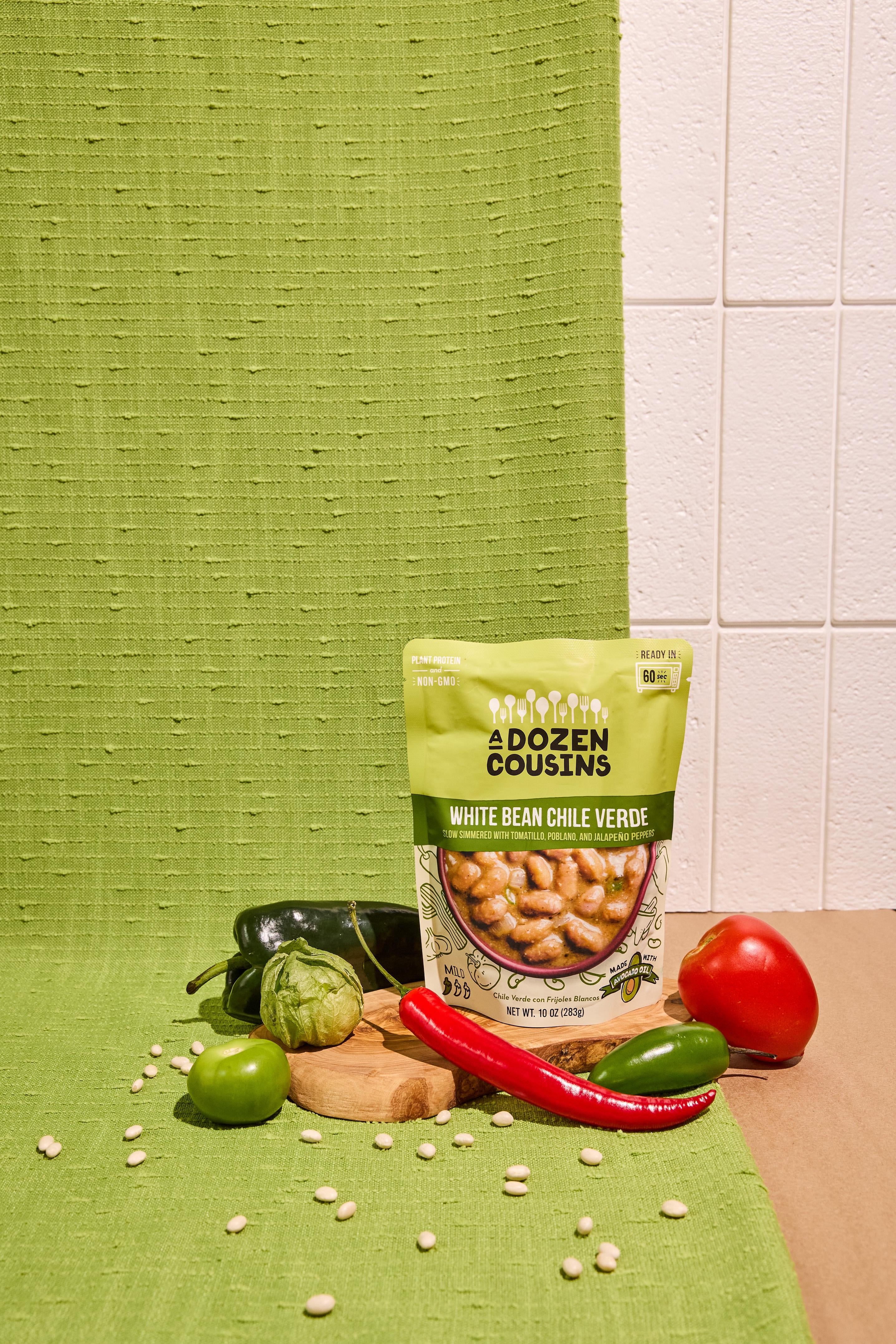 A Dozen Cousins Seasoned Beans, Vegan and Non-GMO Meals, Microwaveable Beans Ready to Eat Made with Avocado Oil (White Bean Chile Verde, 6 Pack)