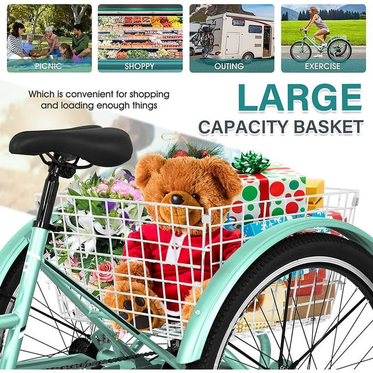 Lilypelle Adult Mountain Tricycle 24/26 Inch Low step through Mountain Bike Cruiser Trikes for Adults 7 Speed Three Wheel Trike Bicycle with Large Basket