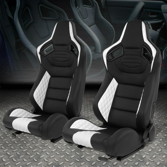 Pair Universal Black&White Vinyl Adjustable Reclinable Racing Seats w/ Sliders