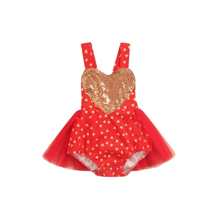 

Canrulo Baby Girl Romper Dress Sleeveless V Neck Heart Print Sequined Patchwork Buttons Toddlers Mesh Skirt Red 12-18 Months